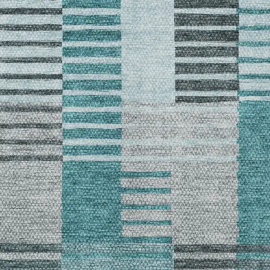 Teal Blue Aqua And Gray Striped Washable Indoor Outdoor Area Rug Photo 5