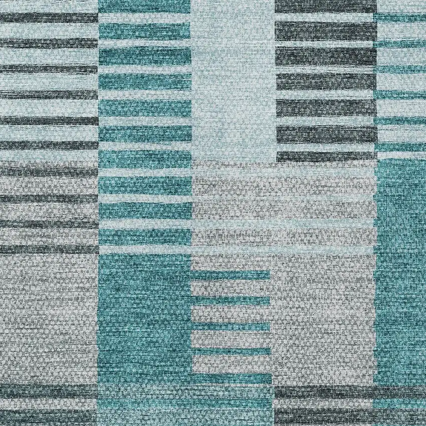 Teal Blue Aqua And Gray Striped Washable Indoor Outdoor Area Rug Photo 5