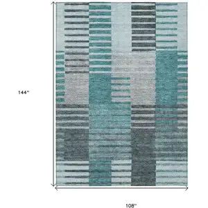 Photo of Teal Blue Aqua And Gray Striped Washable Indoor Outdoor Area Rug