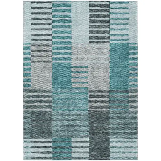 Teal Blue Aqua And Gray Striped Washable Indoor Outdoor Area Rug Photo 2
