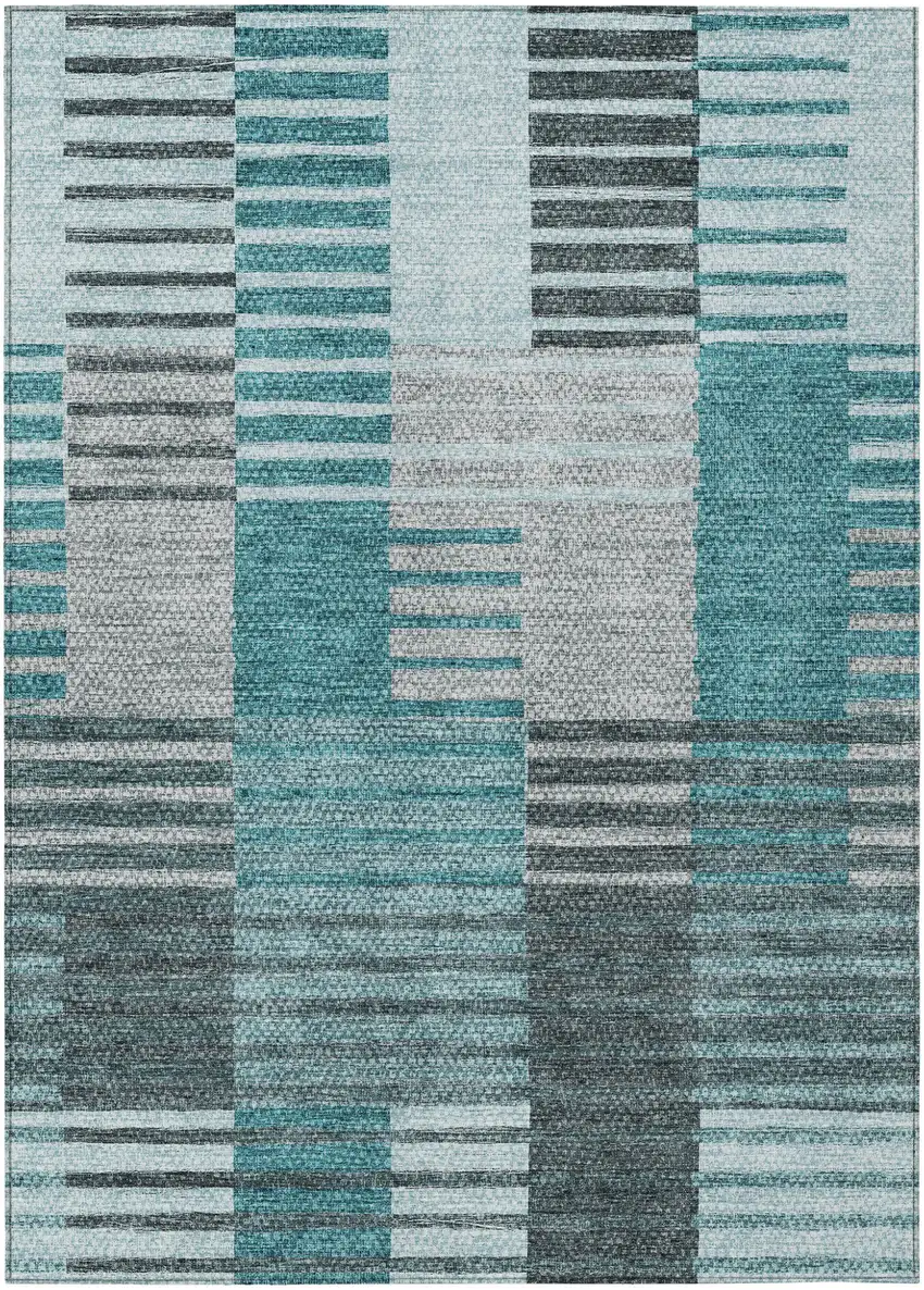 Teal Blue Aqua And Gray Striped Washable Indoor Outdoor Area Rug Photo 2