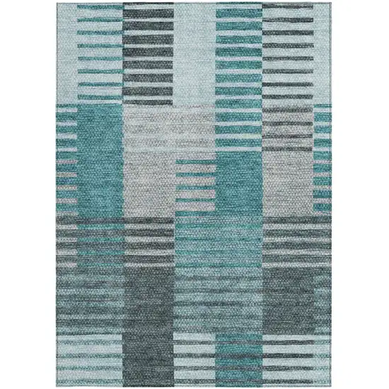 Teal Blue Aqua And Gray Striped Washable Indoor Outdoor Area Rug Photo 6