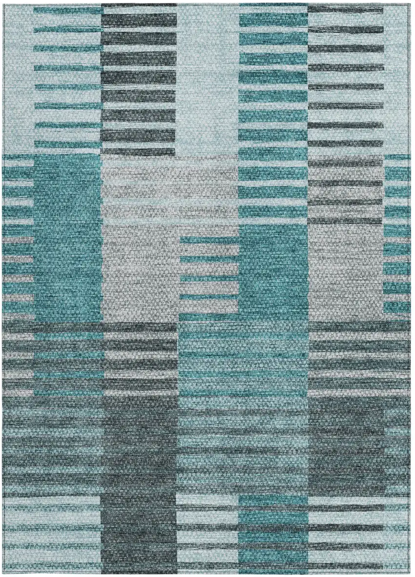 Teal Blue Aqua And Gray Striped Washable Indoor Outdoor Area Rug Photo 6