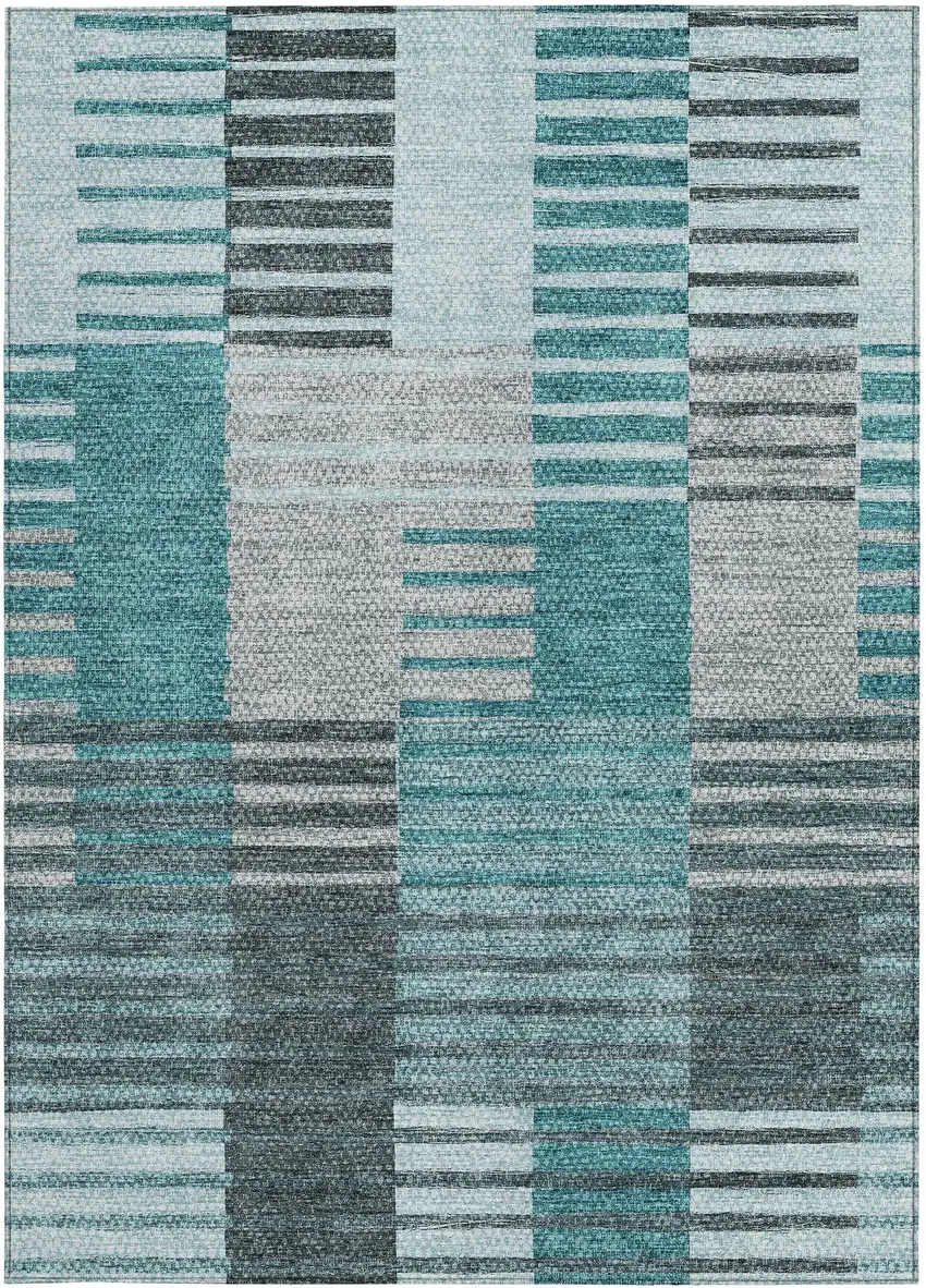 Teal Blue Aqua And Gray Striped Washable Indoor Outdoor Area Rug Photo 6