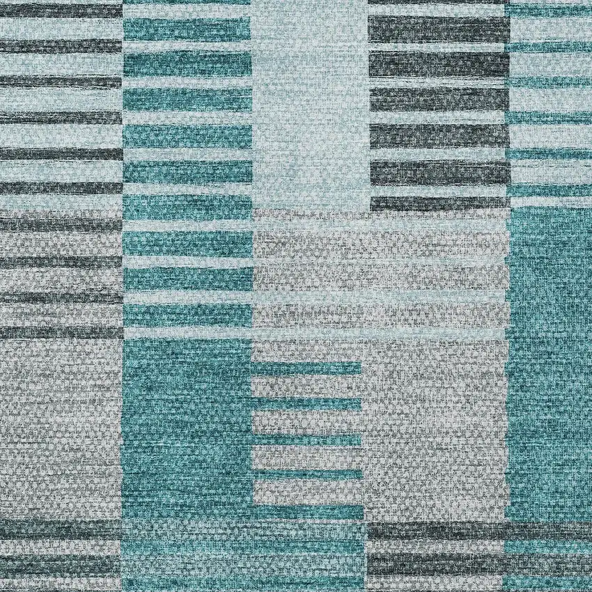 Teal Blue Aqua And Gray Striped Washable Indoor Outdoor Area Rug Photo 5