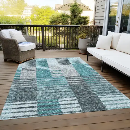Teal Blue Aqua And Gray Striped Washable Indoor Outdoor Area Rug Photo 9