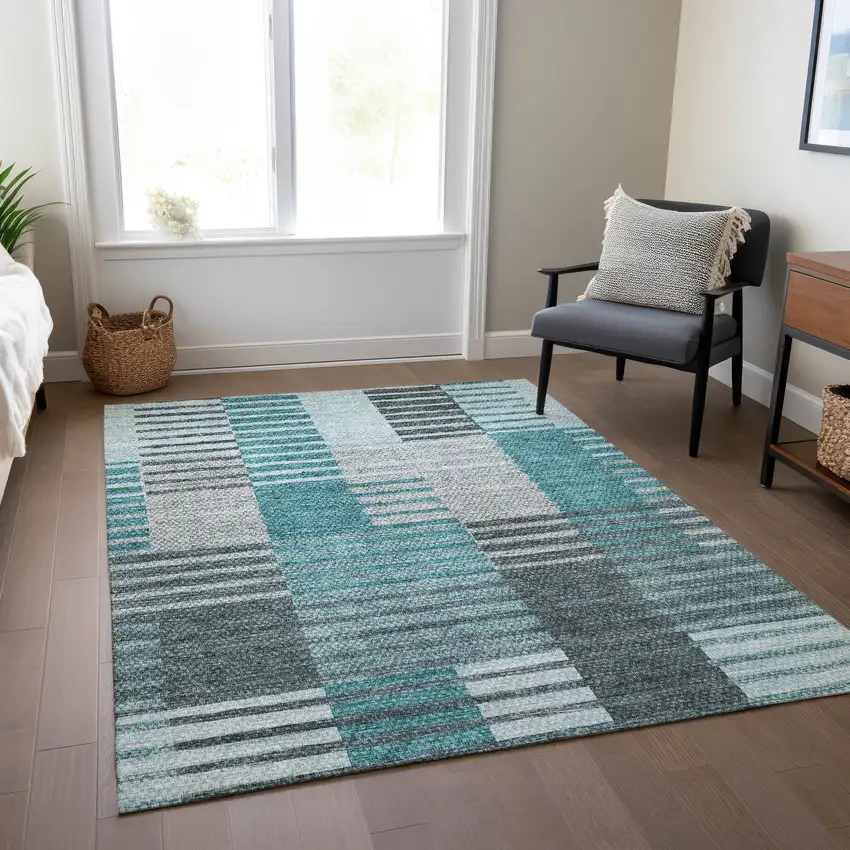 Teal Blue Aqua And Gray Striped Washable Indoor Outdoor Area Rug Photo 8