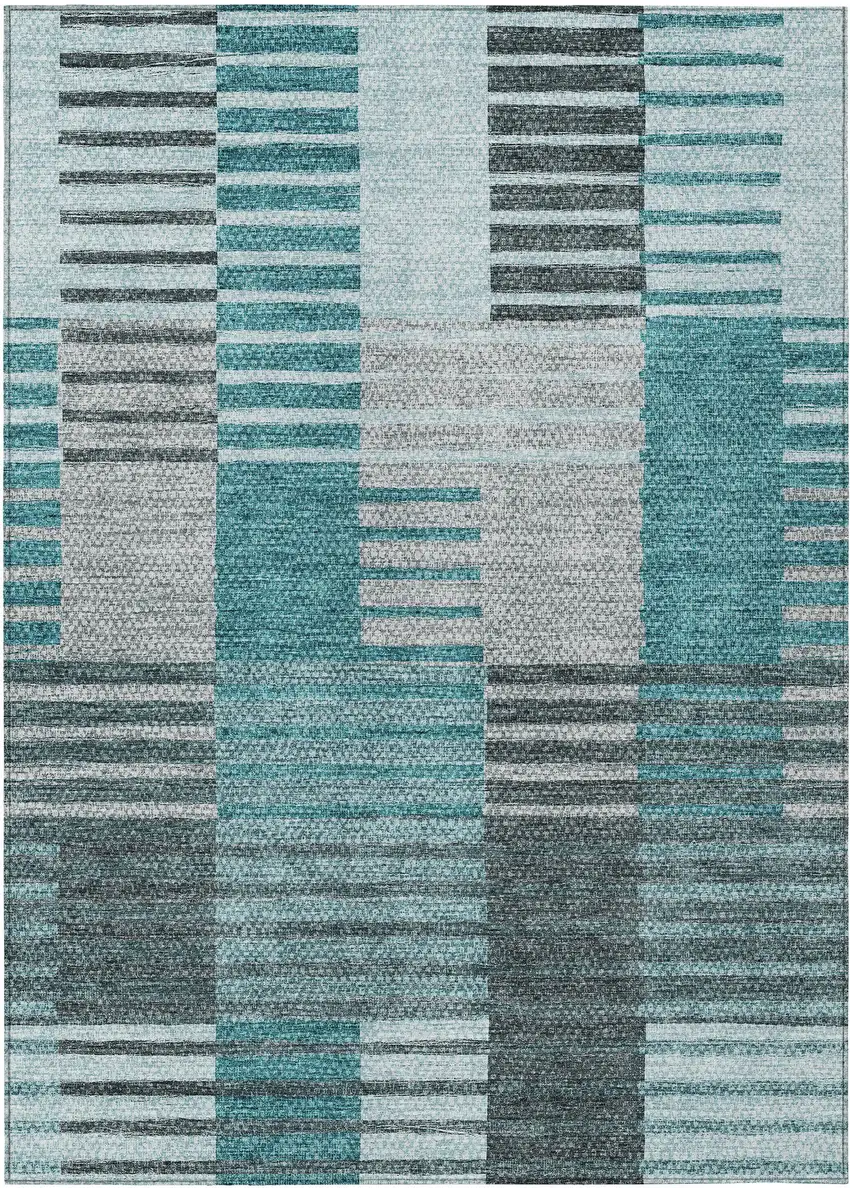 Teal Blue Aqua And Gray Striped Washable Indoor Outdoor Area Rug Photo 2