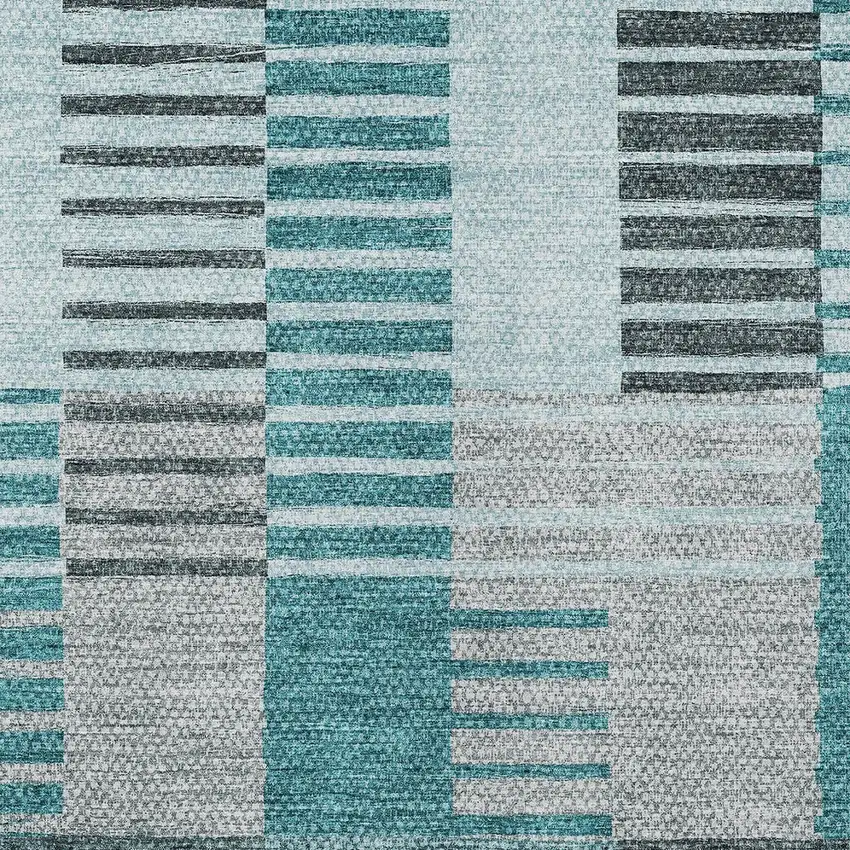 Teal Blue Aqua And Gray Striped Washable Indoor Outdoor Area Rug Photo 5