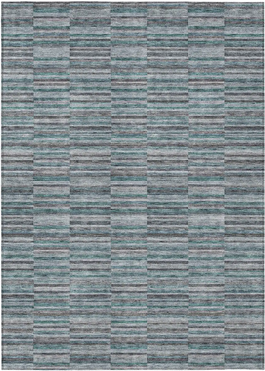 Teal Blue Aqua And Gray Striped Washable Indoor Outdoor Area Rug Photo 2