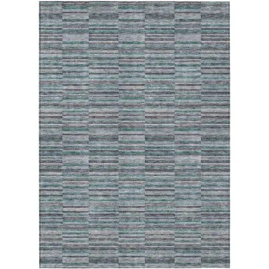 Teal Blue Aqua And Gray Striped Washable Indoor Outdoor Area Rug Photo 2
