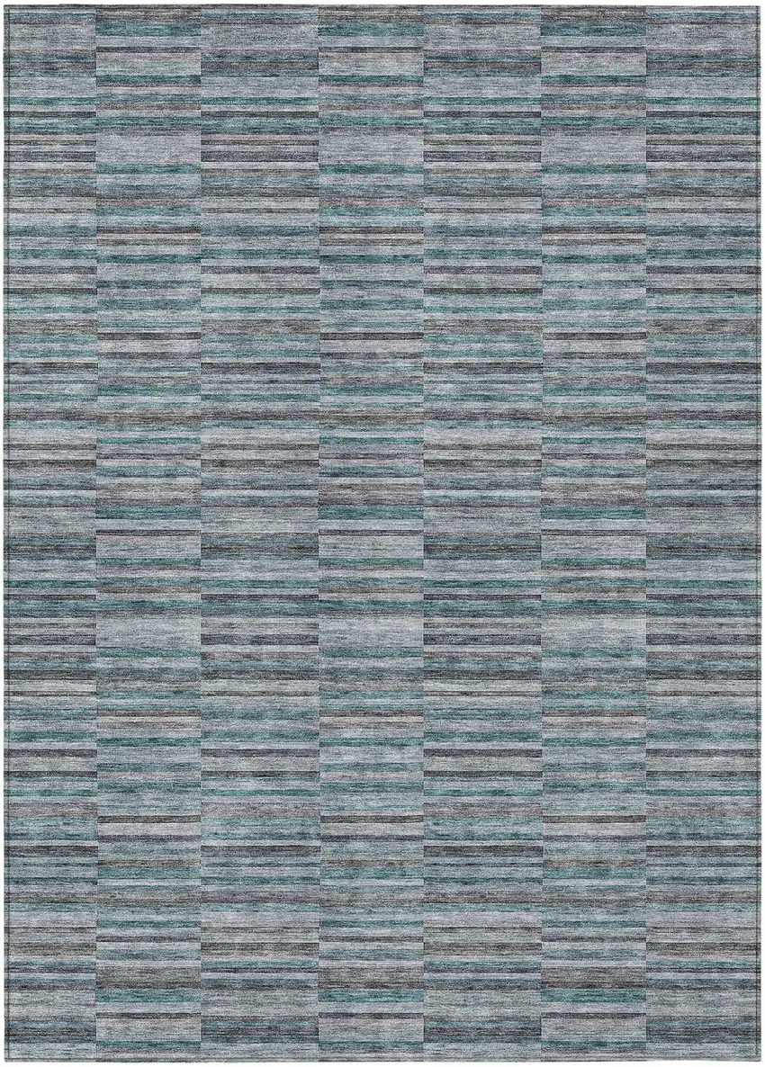 Teal Blue Aqua And Gray Striped Washable Indoor Outdoor Area Rug Photo 2