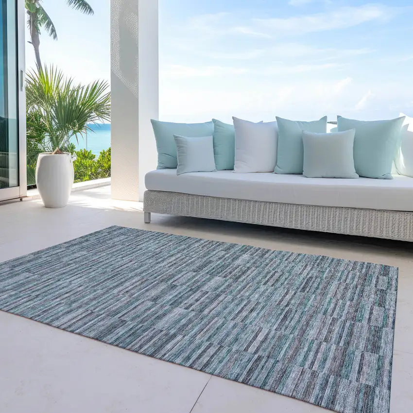 Teal Blue Aqua And Gray Striped Washable Indoor Outdoor Area Rug Photo 8