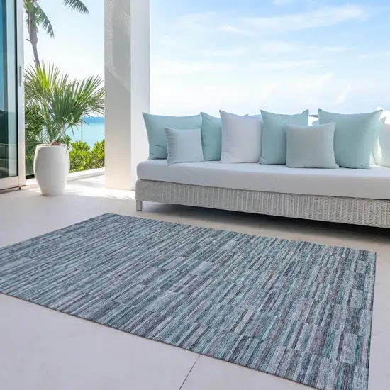 Teal Blue Aqua And Gray Striped Washable Indoor Outdoor Area Rug Photo 8