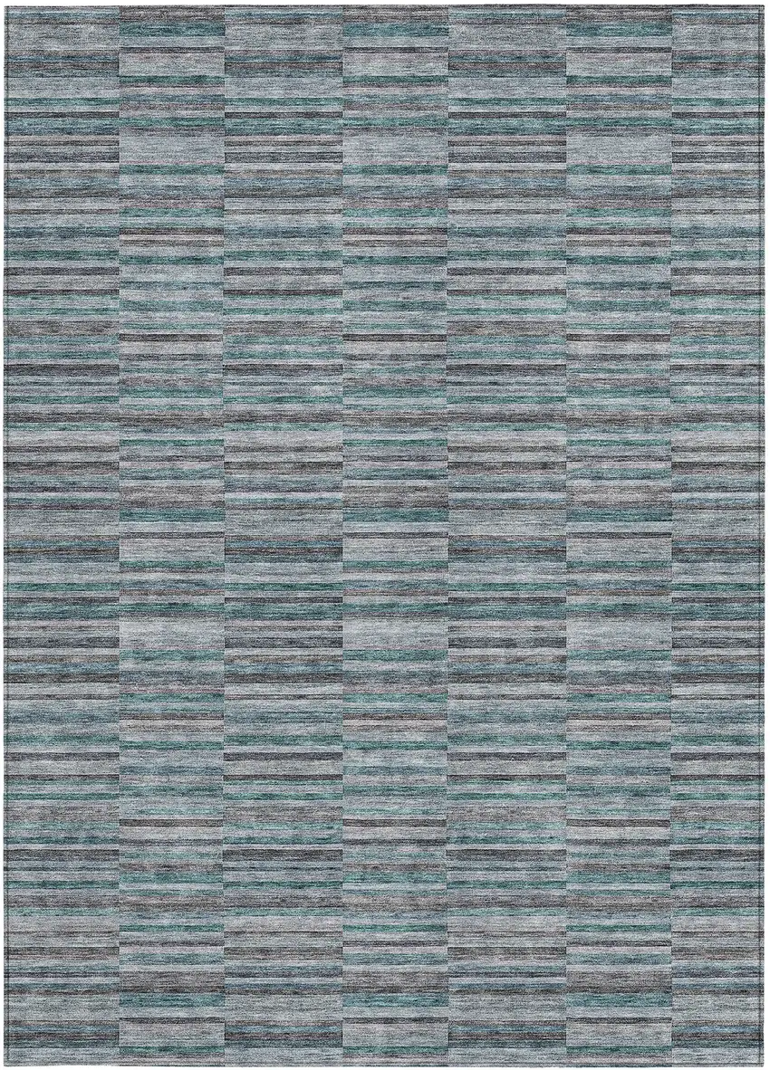 Teal Blue Aqua And Gray Striped Washable Indoor Outdoor Area Rug Photo 7
