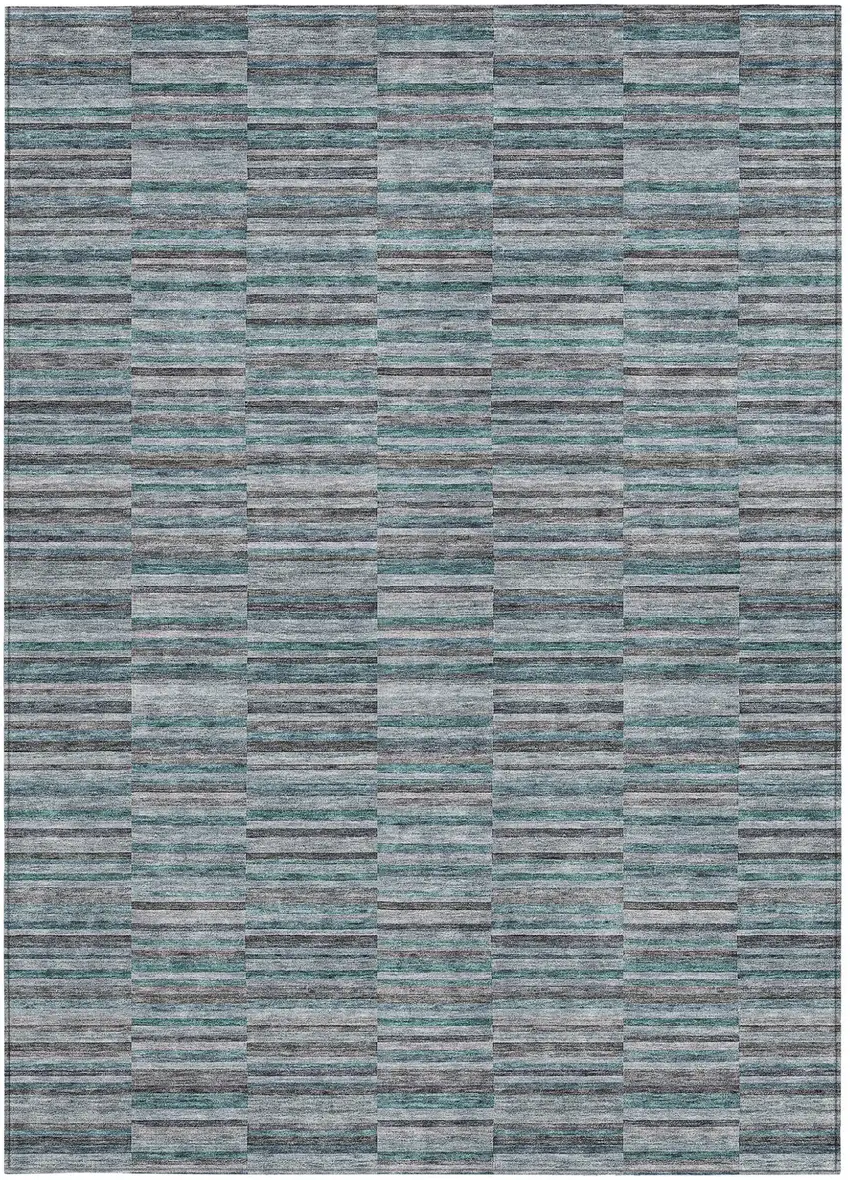 Teal Blue Aqua And Gray Striped Washable Indoor Outdoor Area Rug Photo 7