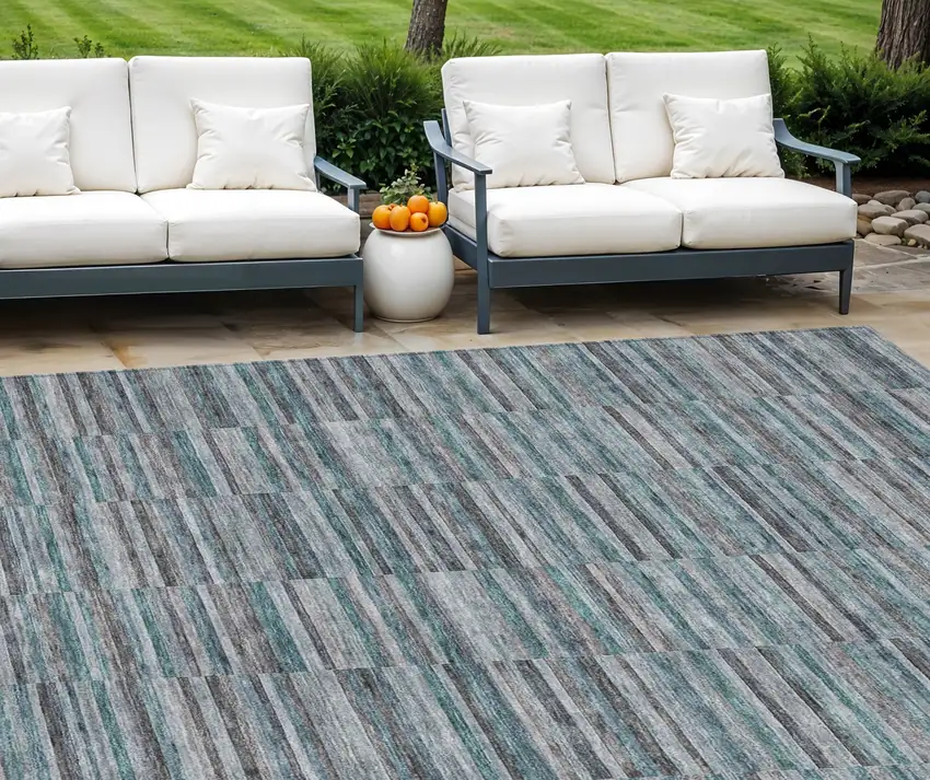 Teal Blue Aqua And Gray Striped Washable Indoor Outdoor Area Rug Photo 1