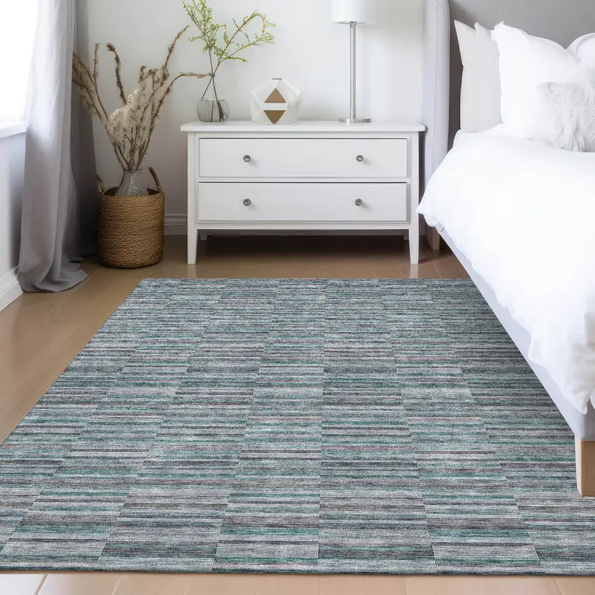 Teal Blue Aqua And Gray Striped Washable Indoor Outdoor Area Rug Photo 9
