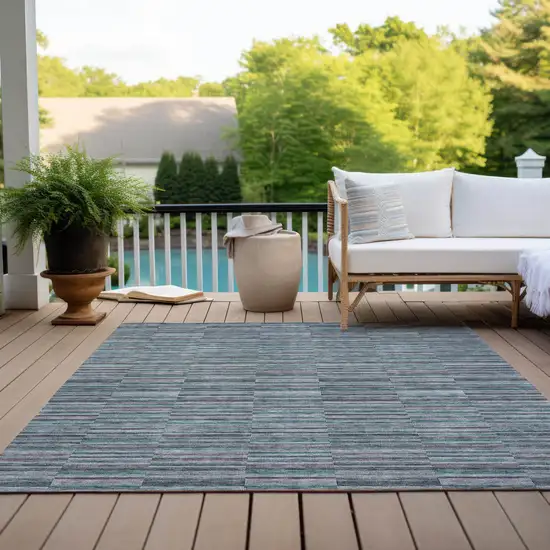 Teal Blue Aqua And Gray Striped Washable Indoor Outdoor Area Rug Photo 9