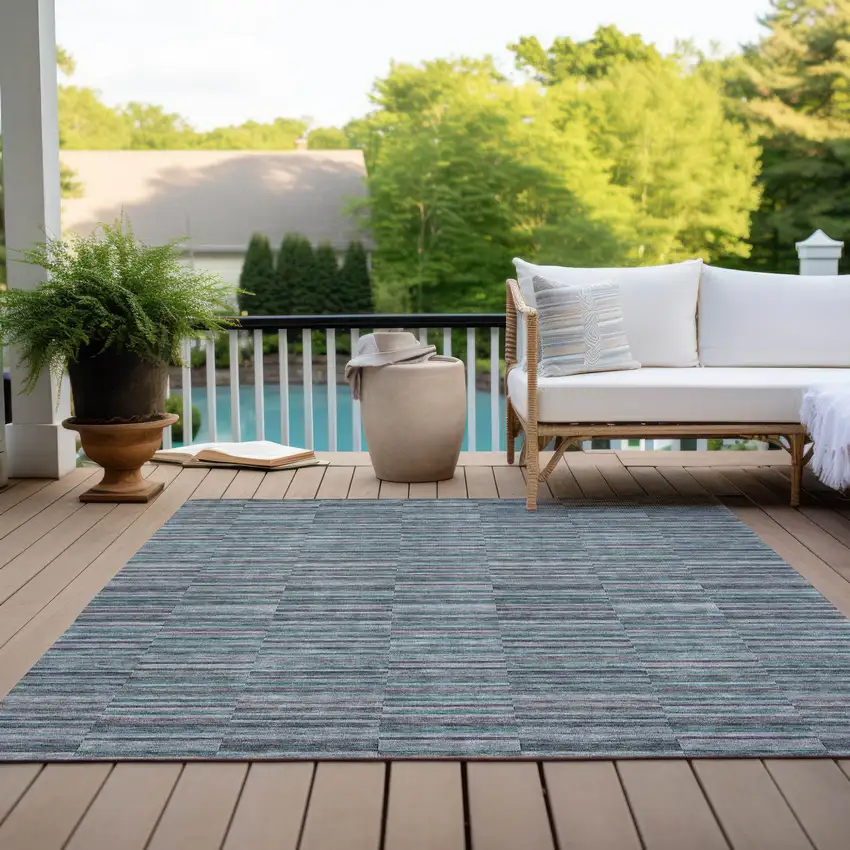 Teal Blue Aqua And Gray Striped Washable Indoor Outdoor Area Rug Photo 9