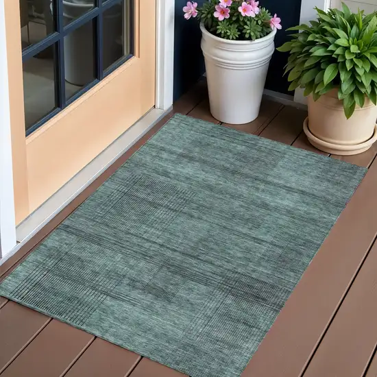 Teal Blue Aqua And Gray Striped Washable Indoor Outdoor Area Rug Photo 1