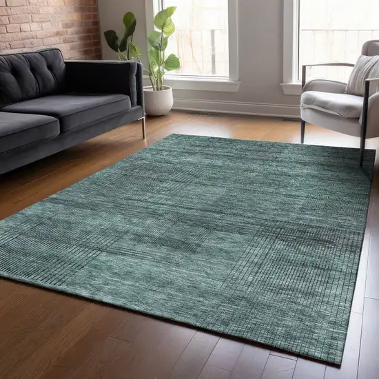 Teal Blue Aqua And Gray Striped Washable Indoor Outdoor Area Rug Photo 9