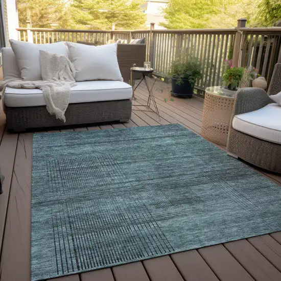 Teal Blue Aqua And Gray Striped Washable Indoor Outdoor Area Rug Photo 8