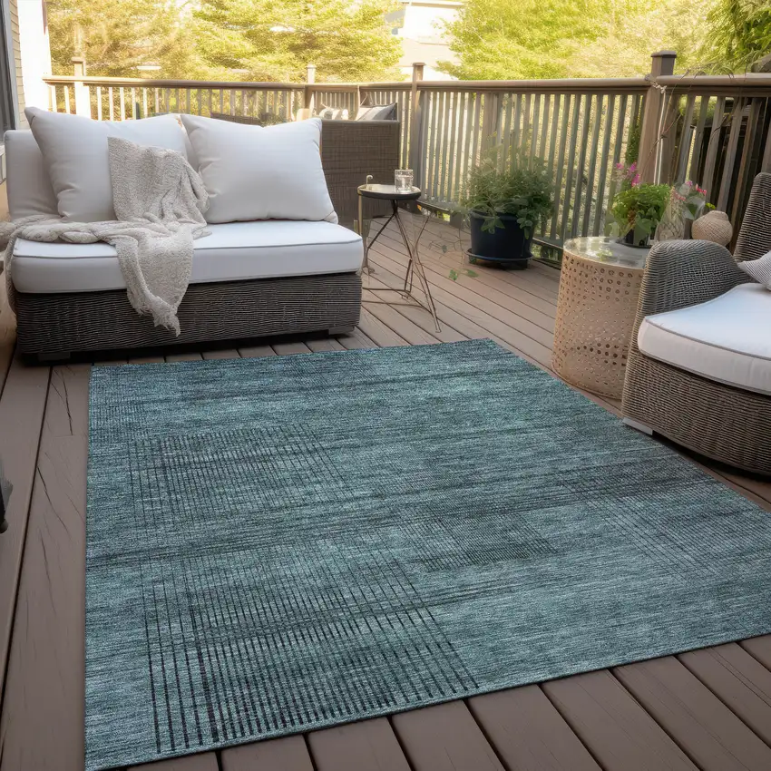 Teal Blue Aqua And Gray Striped Washable Indoor Outdoor Area Rug Photo 8