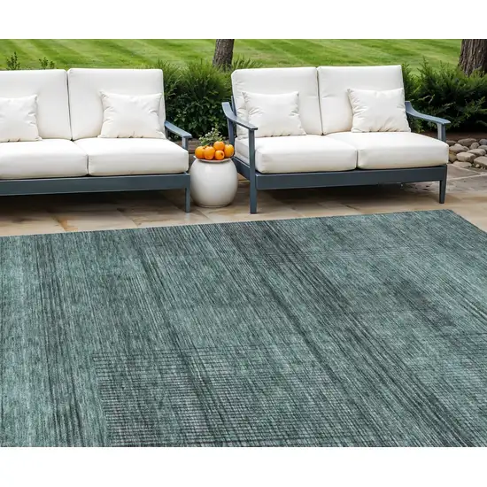 Teal Blue Aqua And Gray Striped Washable Indoor Outdoor Area Rug Photo 1
