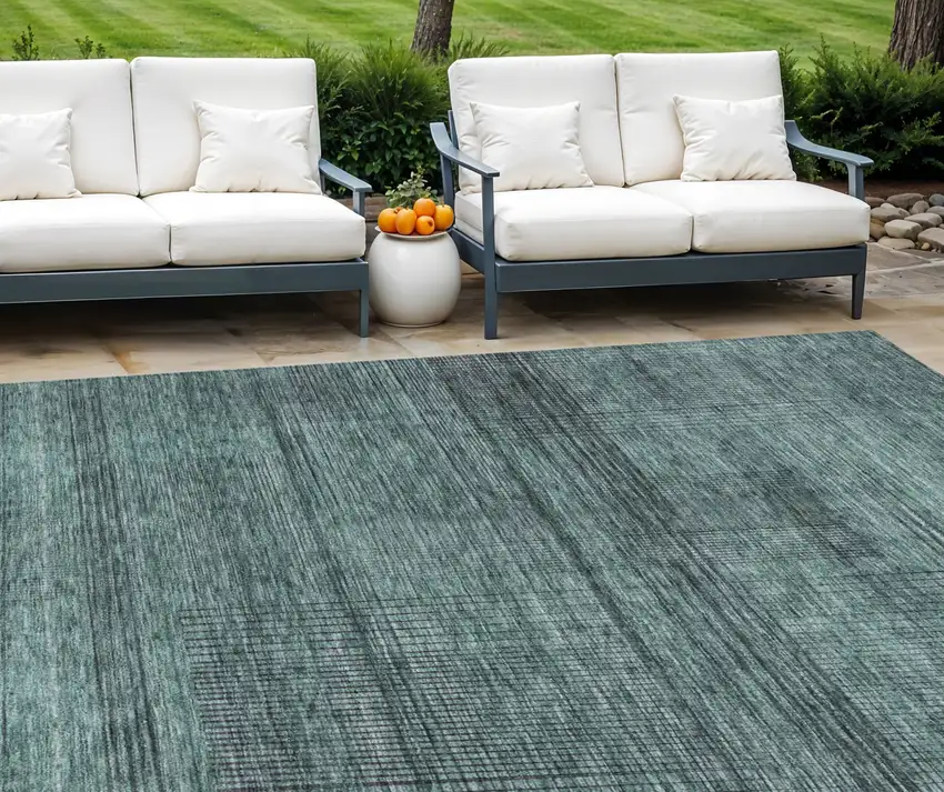 Teal Blue Aqua And Gray Striped Washable Indoor Outdoor Area Rug Photo 1