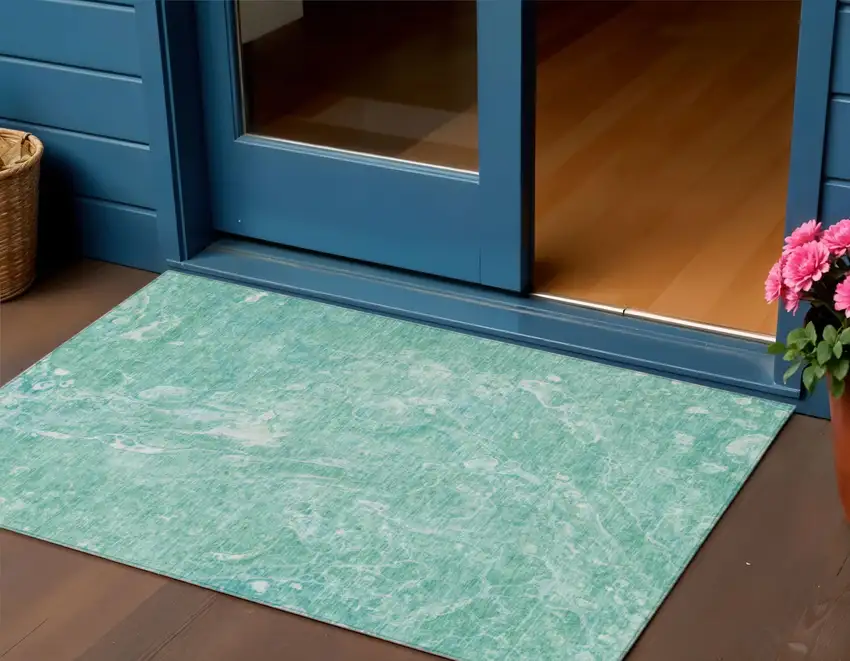 Teal Blue Aqua And Green Abstract Washable Indoor Outdoor Area Rug Photo 1