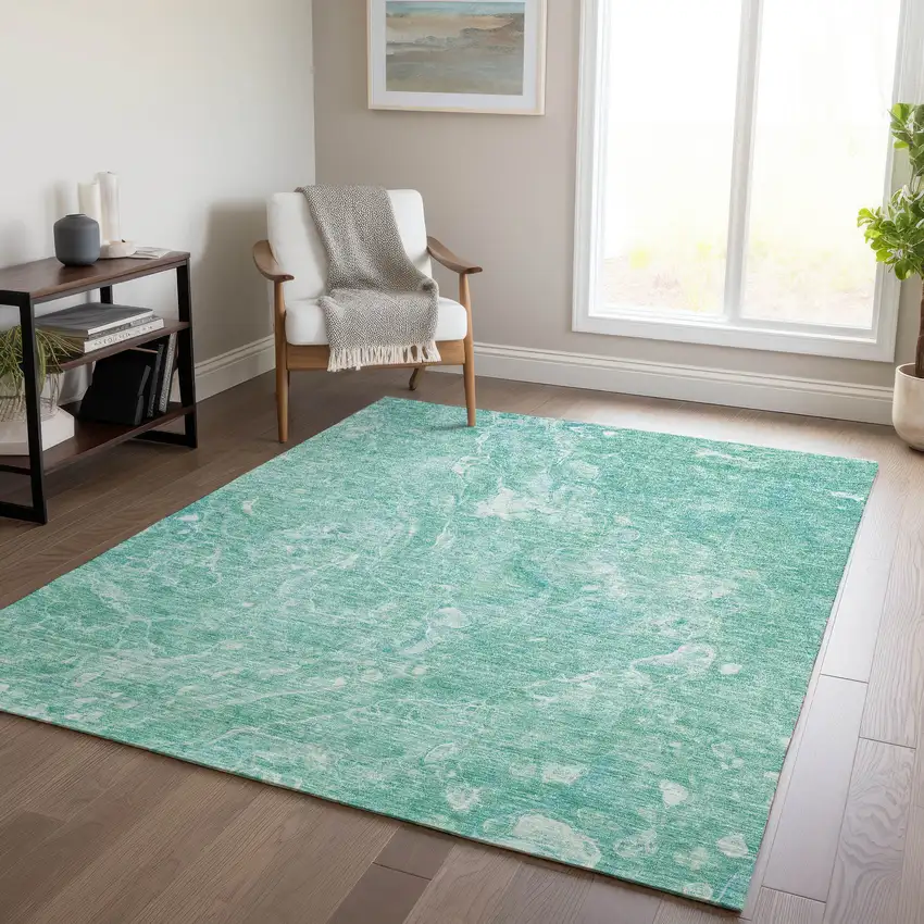 Teal Blue Aqua And Green Abstract Washable Indoor Outdoor Area Rug Photo 9