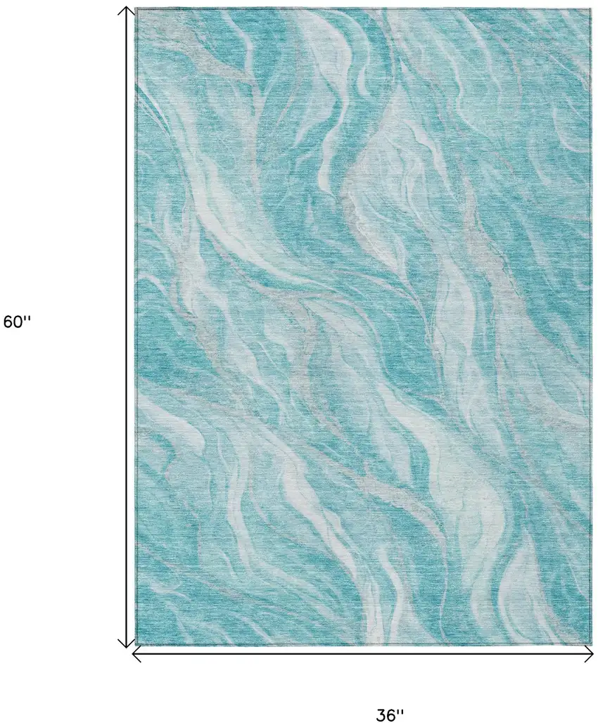 Teal Blue Aqua And Ivory Abstract Washable Indoor Outdoor Area Rug Photo 3
