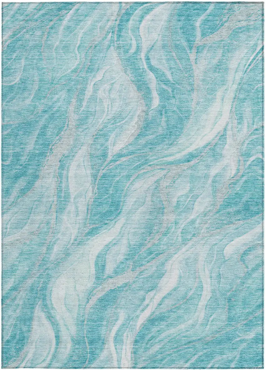 Teal Blue Aqua And Ivory Abstract Washable Indoor Outdoor Area Rug Photo 5