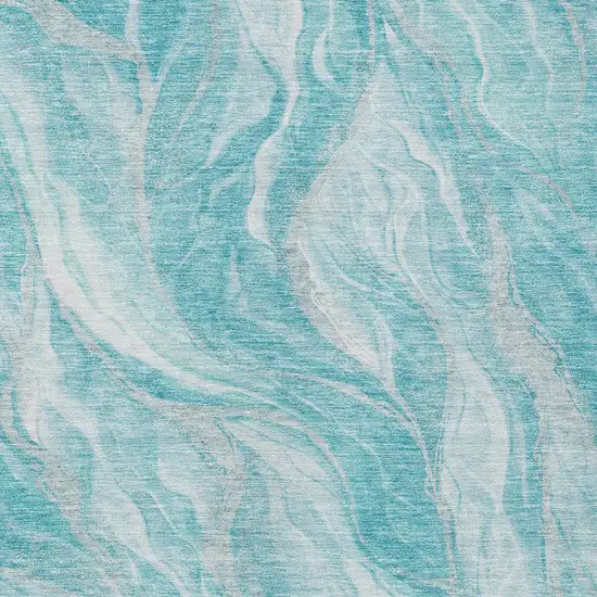 Teal Blue Aqua And Ivory Abstract Washable Indoor Outdoor Area Rug Photo 4