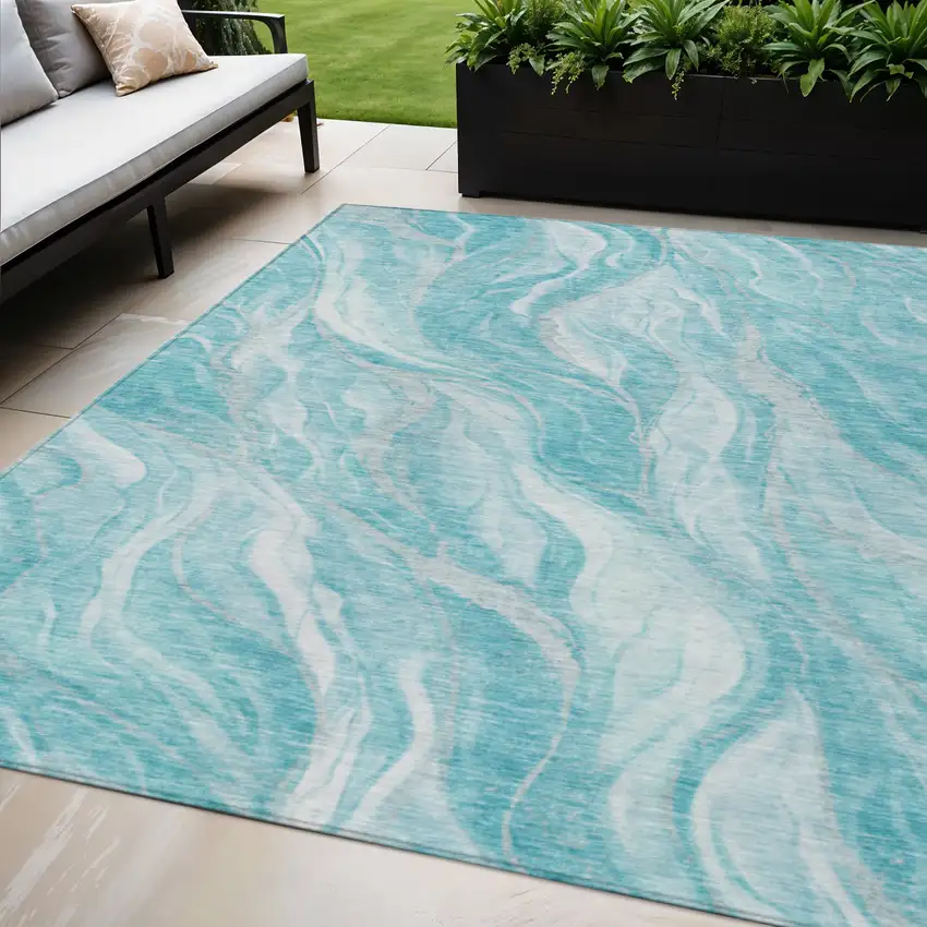 Teal Blue Aqua And Ivory Abstract Washable Indoor Outdoor Area Rug Photo 1
