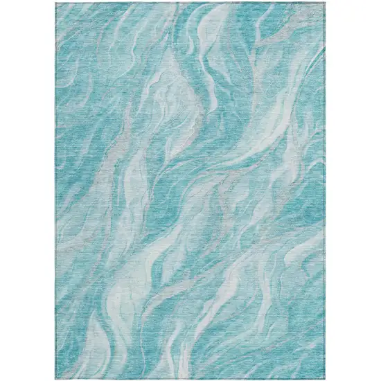 Teal Blue Aqua And Ivory Abstract Washable Indoor Outdoor Area Rug Photo 5