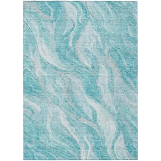 Teal Blue Aqua And Ivory Abstract Washable Indoor Outdoor Area Rug Photo 1