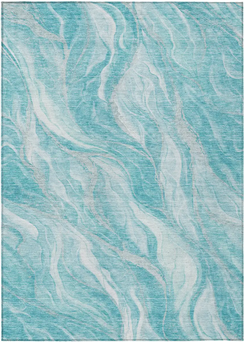 Teal Blue Aqua And Ivory Abstract Washable Indoor Outdoor Area Rug Photo 1