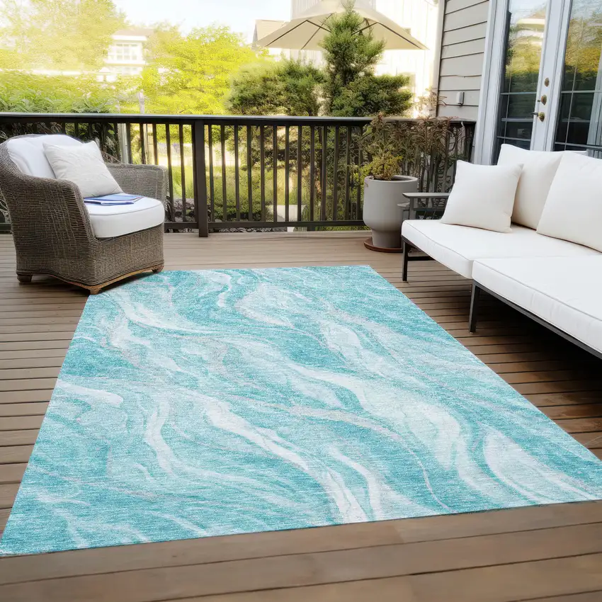 Teal Blue Aqua And Ivory Abstract Washable Indoor Outdoor Area Rug Photo 9
