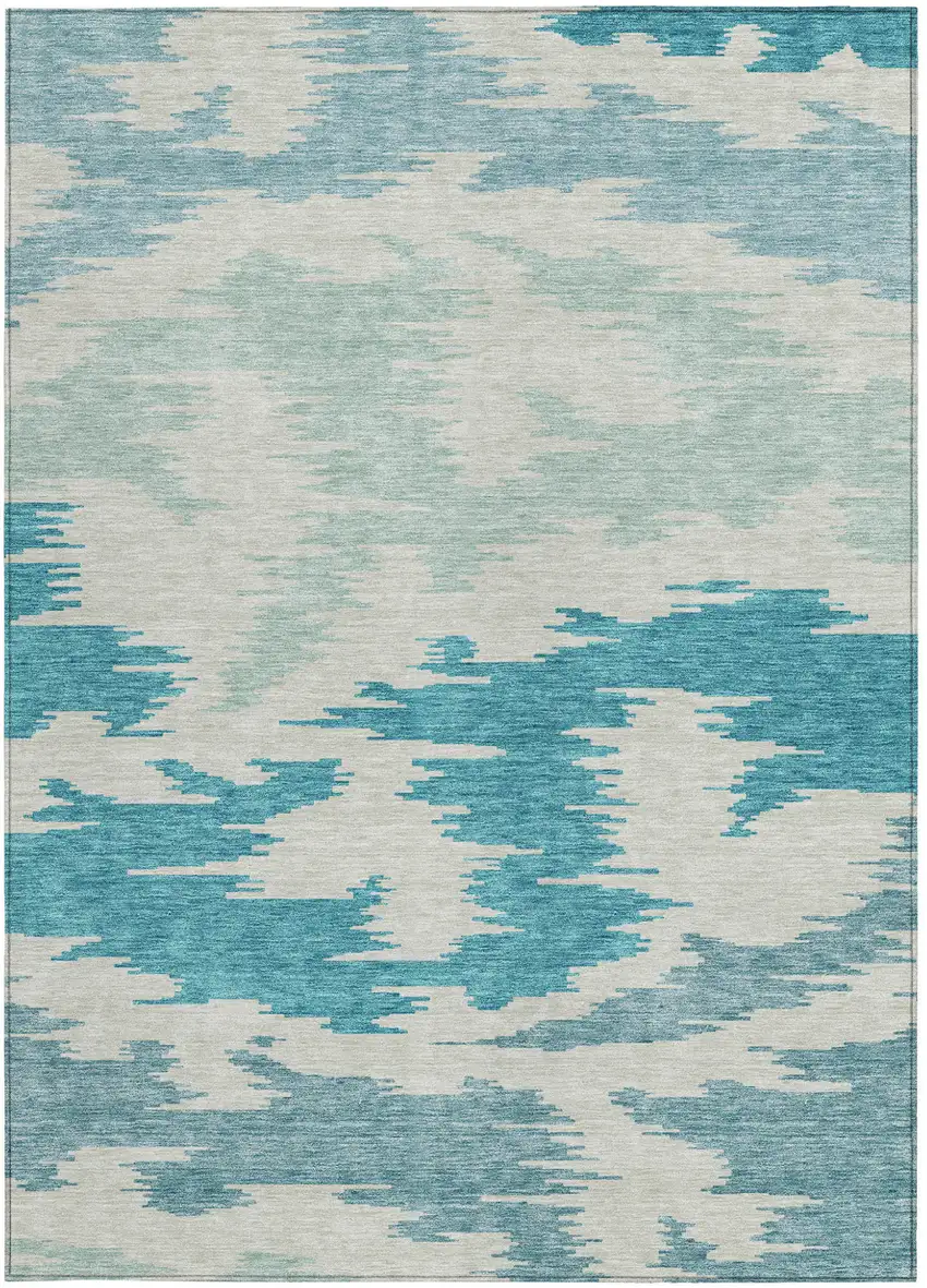 Teal Blue Aqua And Ivory Abstract Washable Indoor Outdoor Area Rug Photo 5