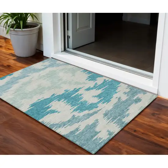 Teal Blue Aqua And Ivory Abstract Washable Indoor Outdoor Area Rug Photo 1