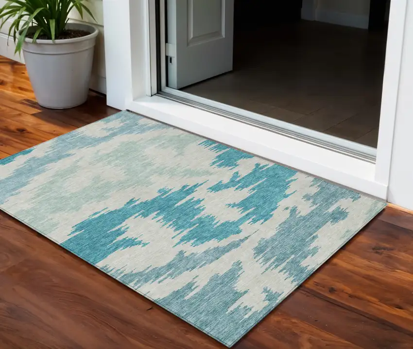 Teal Blue Aqua And Ivory Abstract Washable Indoor Outdoor Area Rug Photo 1