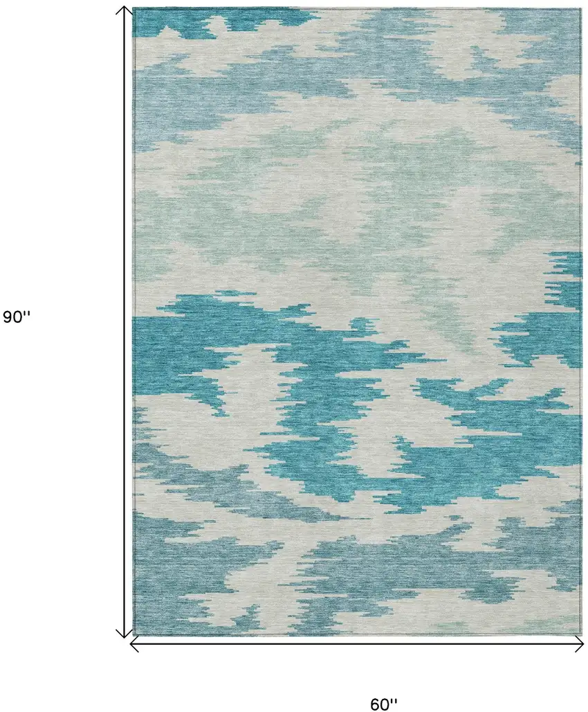 Teal Blue Aqua And Ivory Abstract Washable Indoor Outdoor Area Rug Photo 3