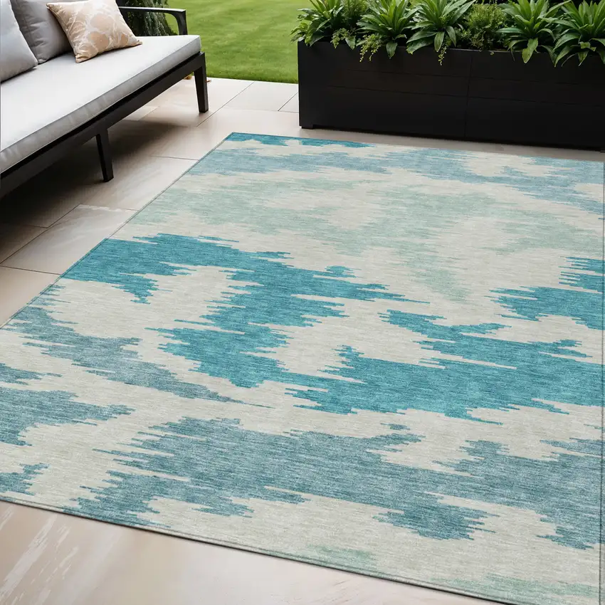 Teal Blue Aqua And Ivory Abstract Washable Indoor Outdoor Area Rug Photo 1