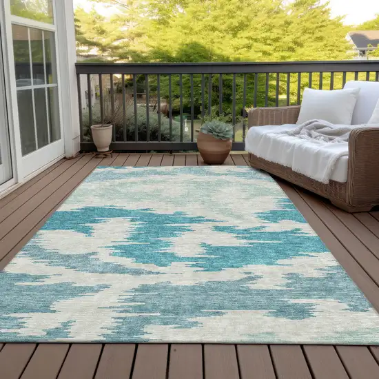 Teal Blue Aqua And Ivory Abstract Washable Indoor Outdoor Area Rug Photo 6