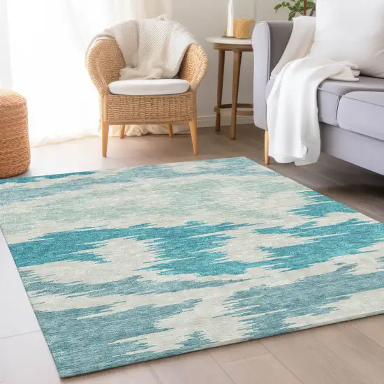 Teal Blue Aqua And Ivory Abstract Washable Indoor Outdoor Area Rug Photo 7