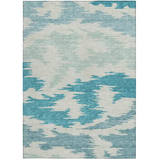Teal Blue Aqua And Ivory Abstract Washable Indoor Outdoor Area Rug Photo 5