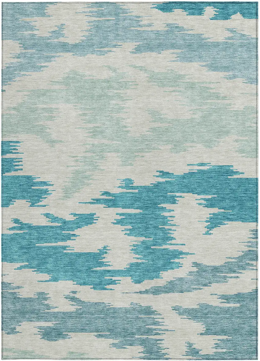 Teal Blue Aqua And Ivory Abstract Washable Indoor Outdoor Area Rug Photo 5