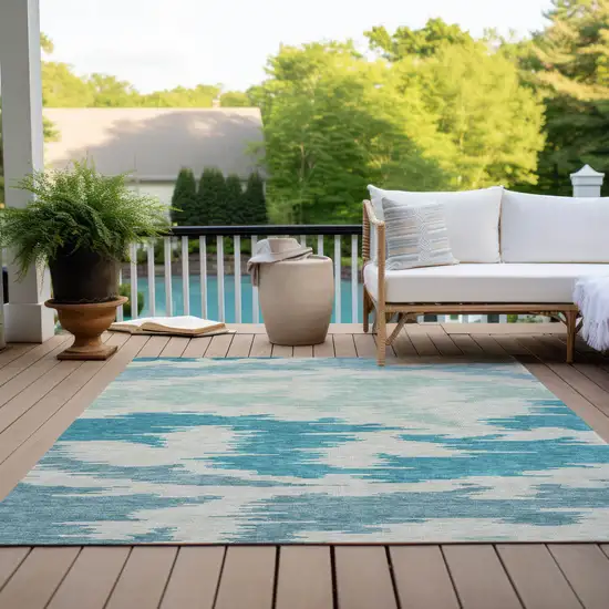 Teal Blue Aqua And Ivory Abstract Washable Indoor Outdoor Area Rug Photo 9